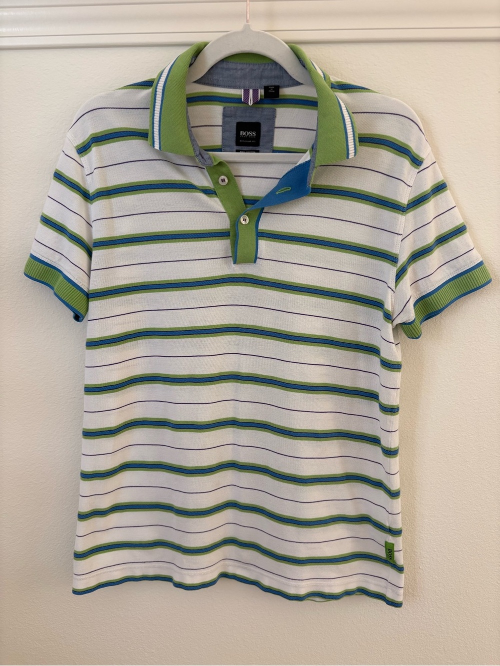 BOSS Pima Cotton White & Green Relaxed Summer Striped Polo Shirt